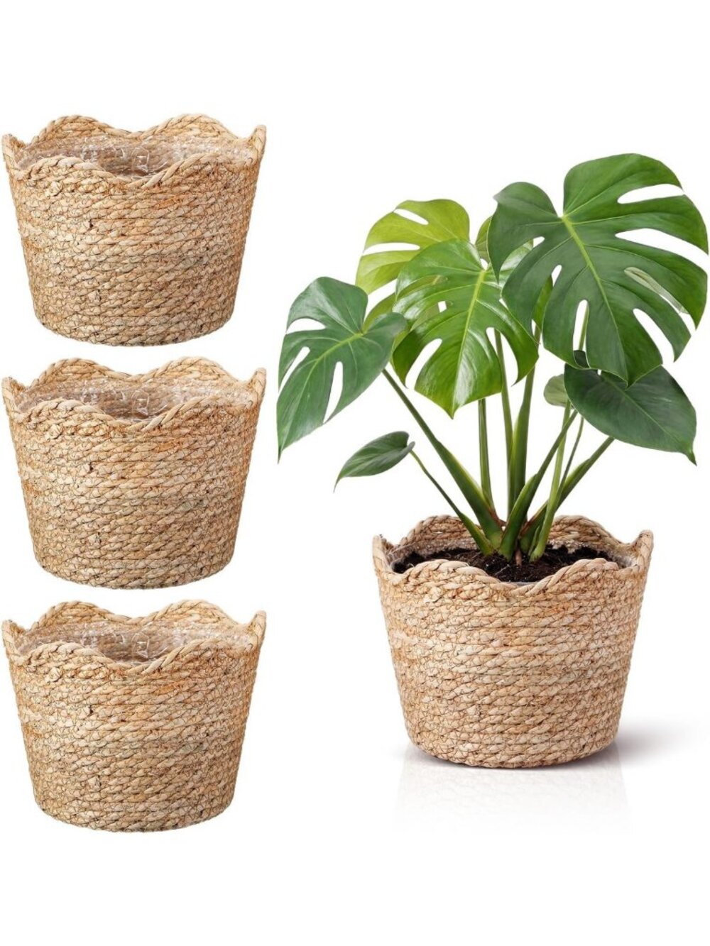 4 Large Seagrass Planter Baskets with Plastic Lining - Woven Storage Bins for
